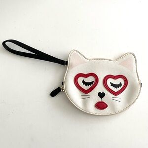 Luv Betsey Johnson Coin Purse Wristlet White Sleeping Cat Glasses Zip Oval 6"x7"
